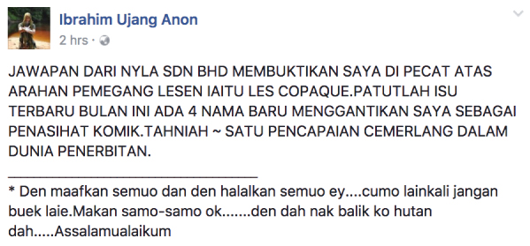 Jawapan Daripada Penerbit Komik Upin & Ipin Mengenai Isu Pemecatan Kartunis Ujang